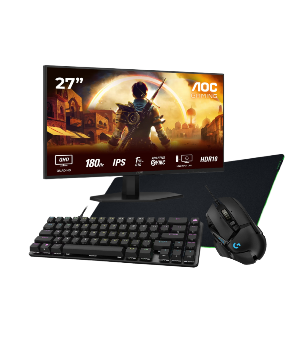 Pro Gaming Gear (27" 2K Gaming Monitor, Corsair K65 Pro Mini, Logitech G502 HERO, Razer Gigantus V2 XXL Mousepad)