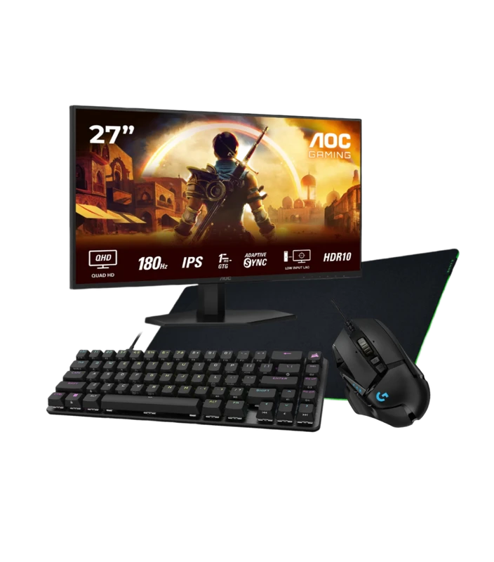 Pro Gaming Gear (27" 2K Gaming Monitor, Corsair K65 Pro Mini, Logitech G502 HERO, Razer Gigantus V2 XXL Mousepad)